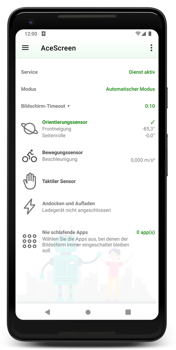 AceScreen: App-Hauptbildschirm mit aktivem Automatikmodus