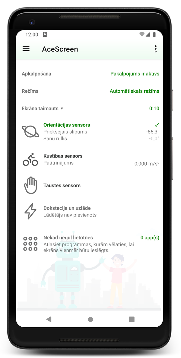AceScreen: Lietotnes galvenais ekrāns ar aktīvo automātisko režīmu