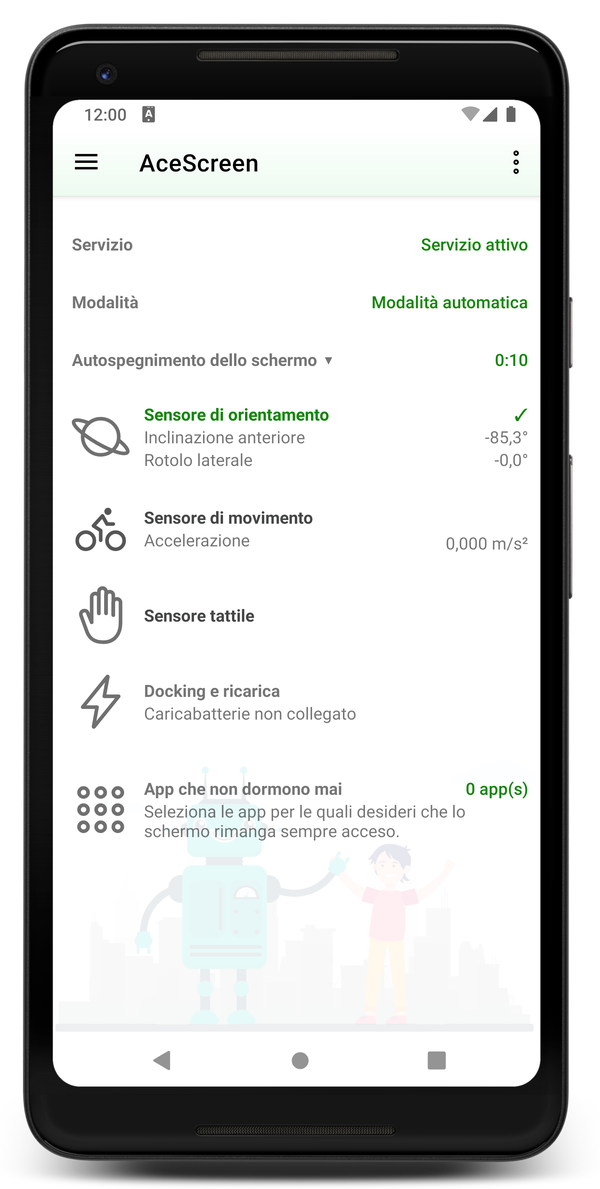 AceScreen: Schermata principale dell'app con modalità automatica attiva