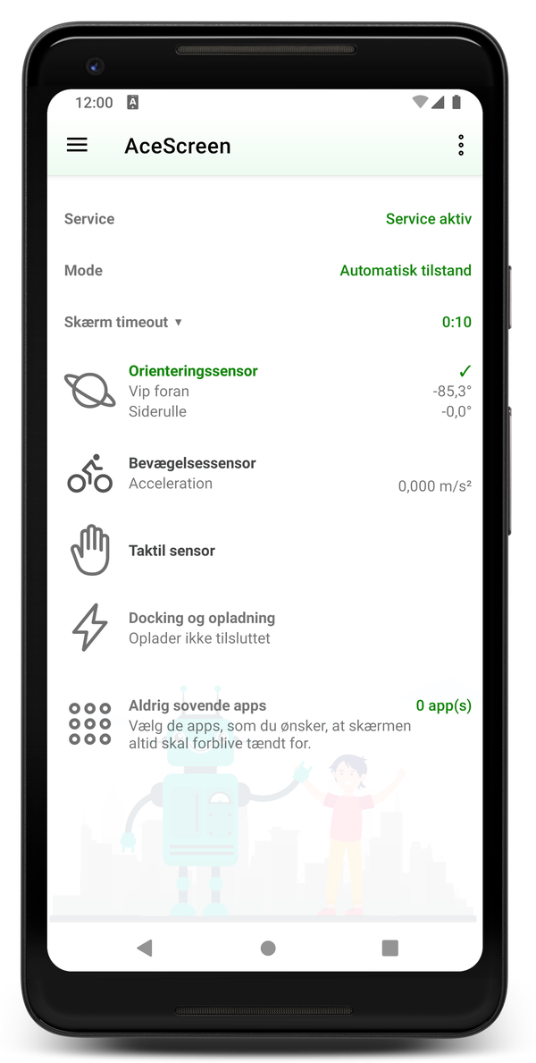 AceScreen: Appens hovedskærm med aktiv automatisk tilstand