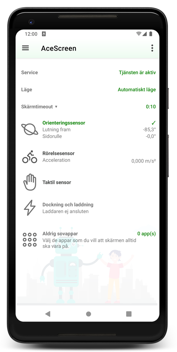 AceScreen: Appens huvudskärm med aktivt automatiskt läge