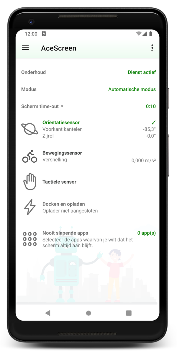 AceScreen: Appens hovedskjerm med aktiv automatisk modus