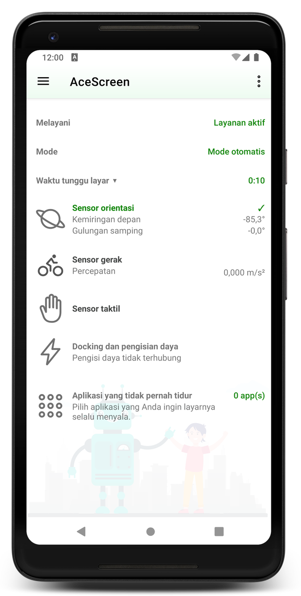 AceScreen: Layar utama aplikasi dengan mode otomatis aktif