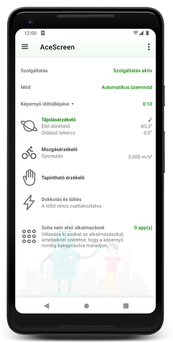 AceScreen: Az alkalmazás főképernyője aktív automatikus üzemmóddal