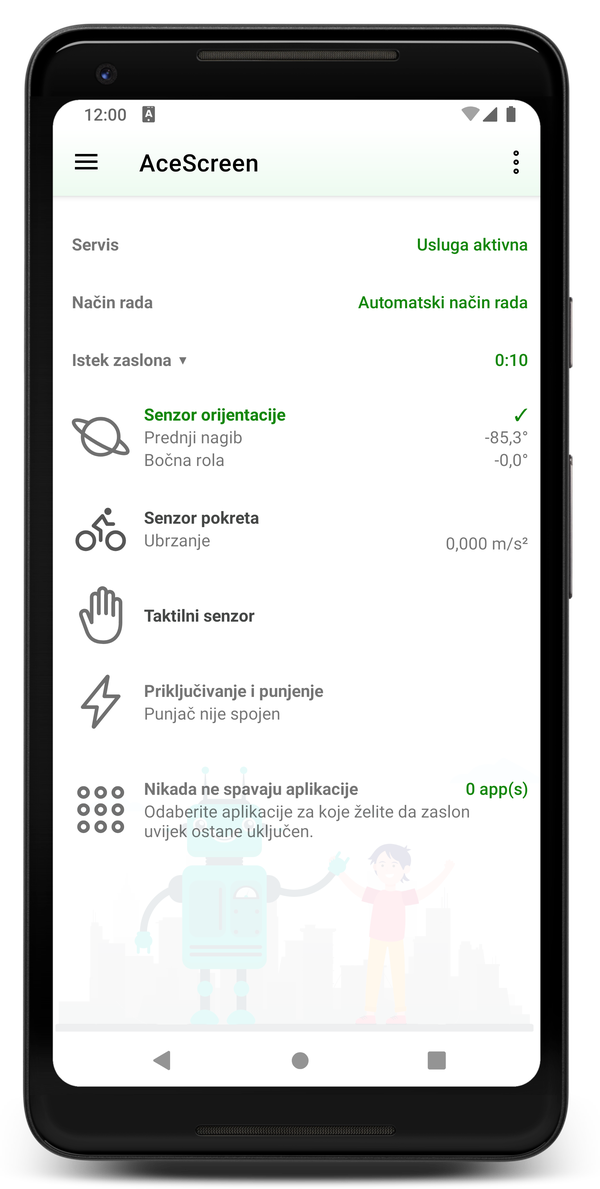 AceScreen: Glavni zaslon aplikacije s aktivnim automatskim načinom rada