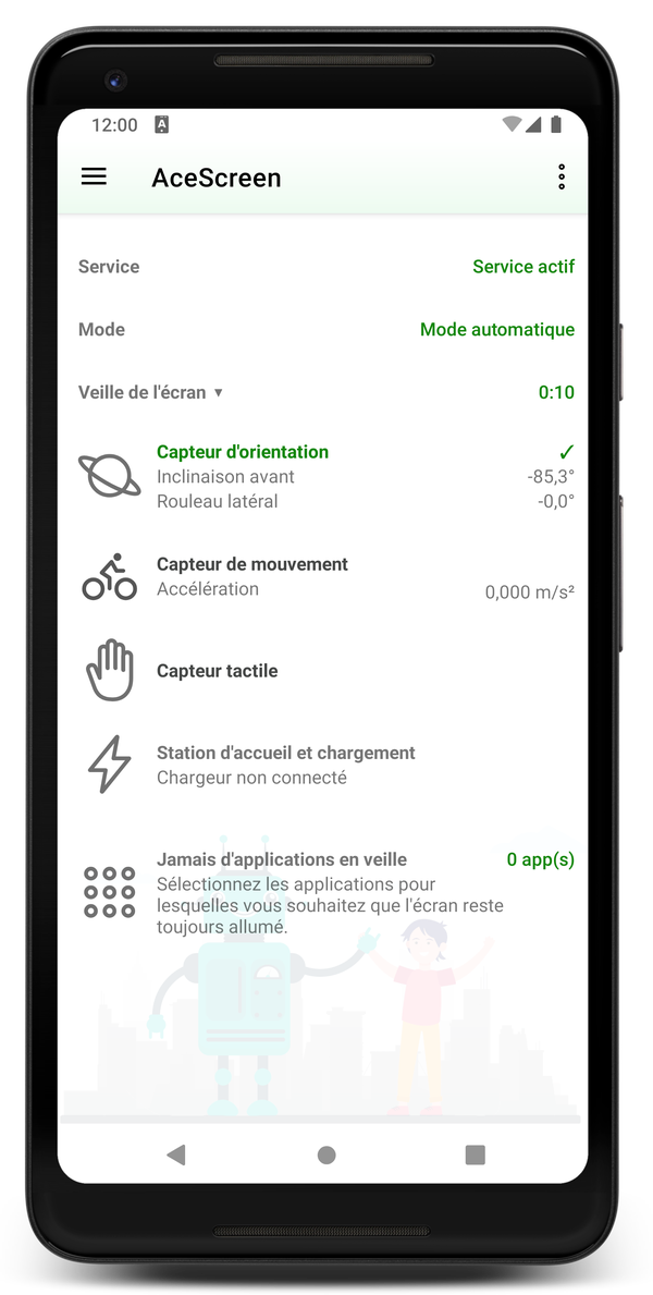 AceScreen: Écran principal de l'application avec mode automatique actif