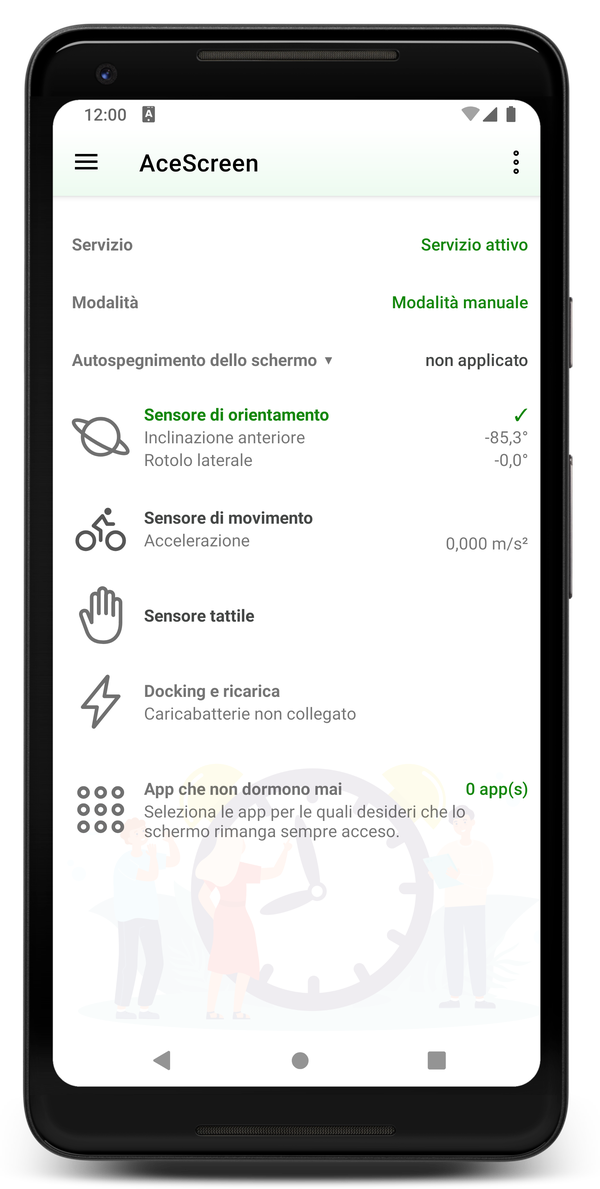 AceScreen: Schermata principale dell'app con modalità manuale attiva