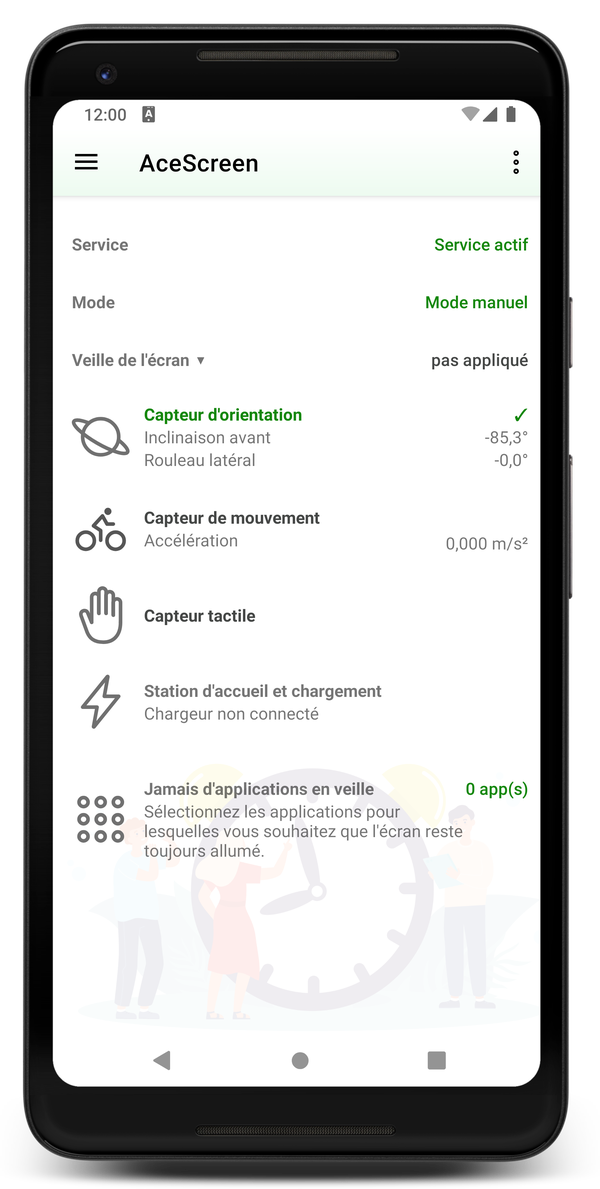 AceScreen: Écran principal de l'application avec mode manuel actif