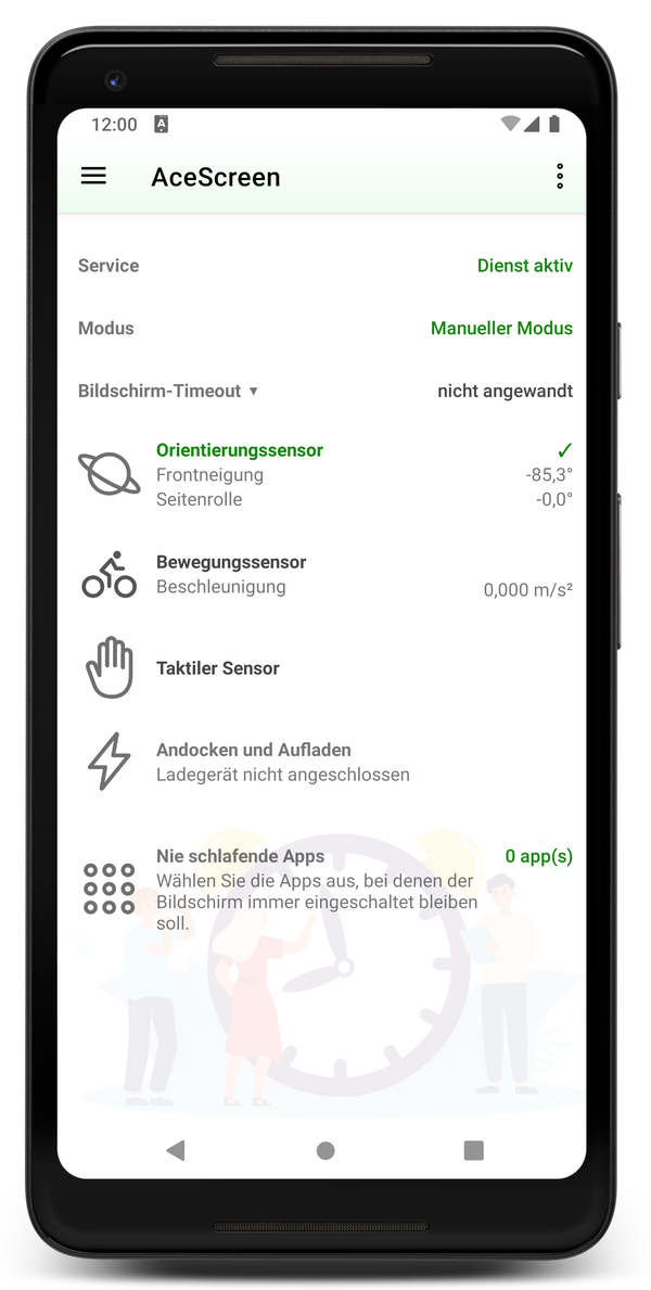 AceScreen: App-Hauptbildschirm mit aktivem manuellen Modus