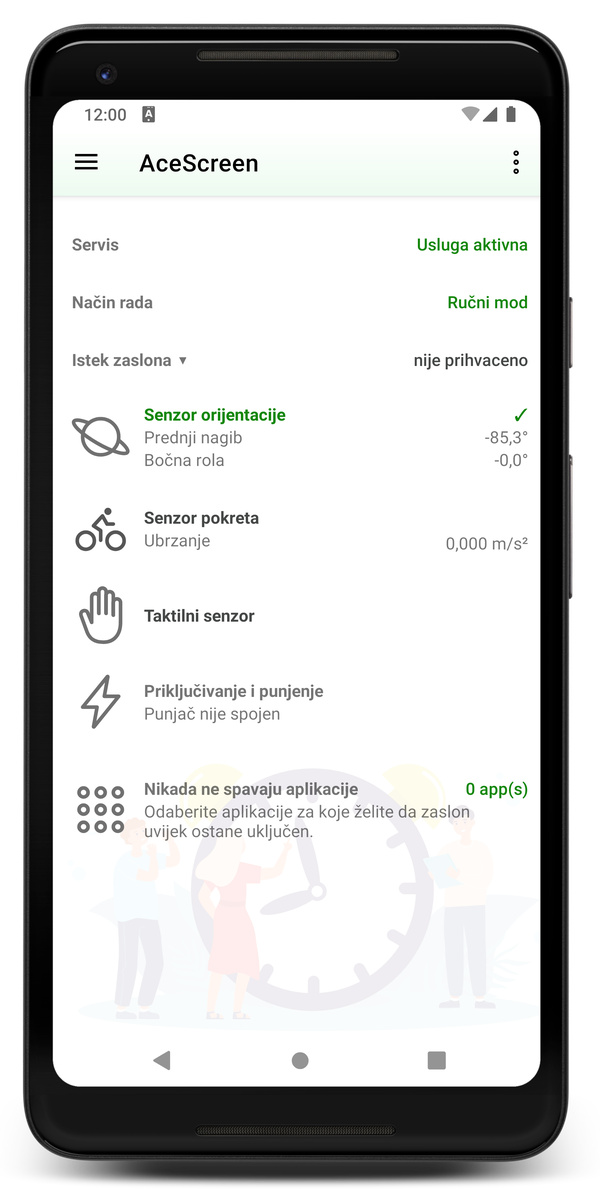 AceScreen: Glavni zaslon aplikacije s aktivnim ručnim načinom rada