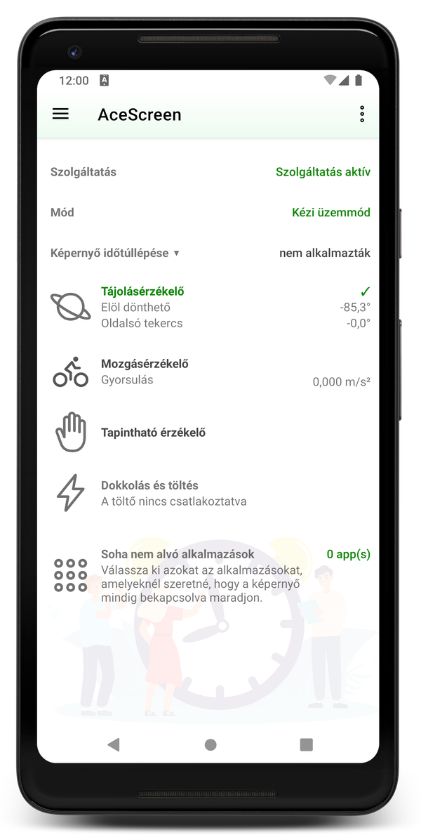 AceScreen: Az alkalmazás főképernyője aktív kézi üzemmóddal