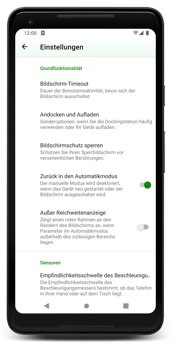 AceScreen: Bildschirm mit den App-Einstellungen