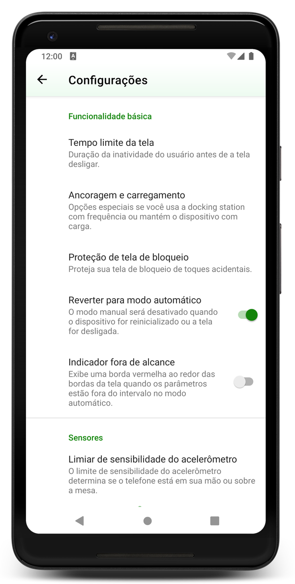 AceScreen: Tela de configurações do aplicativo