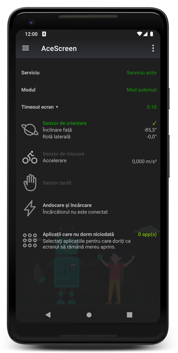 AceScreen: Ecranul principal al aplicației când modul de noapte este activat
