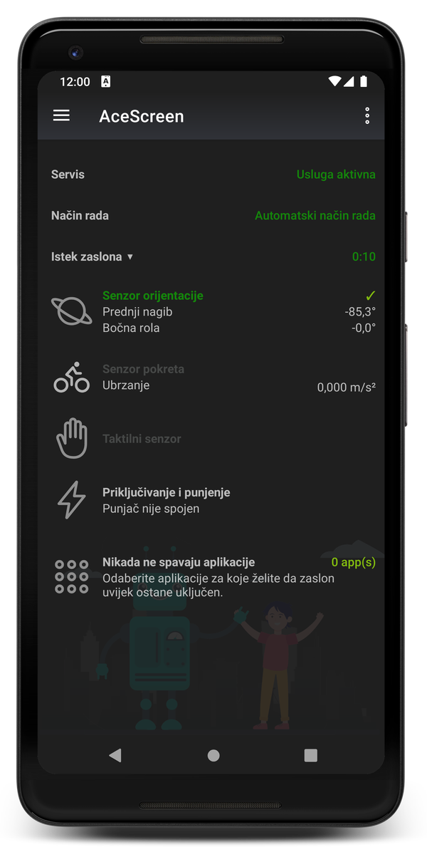 AceScreen: Glavni zaslon aplikacije kada je uključen noćni način rada