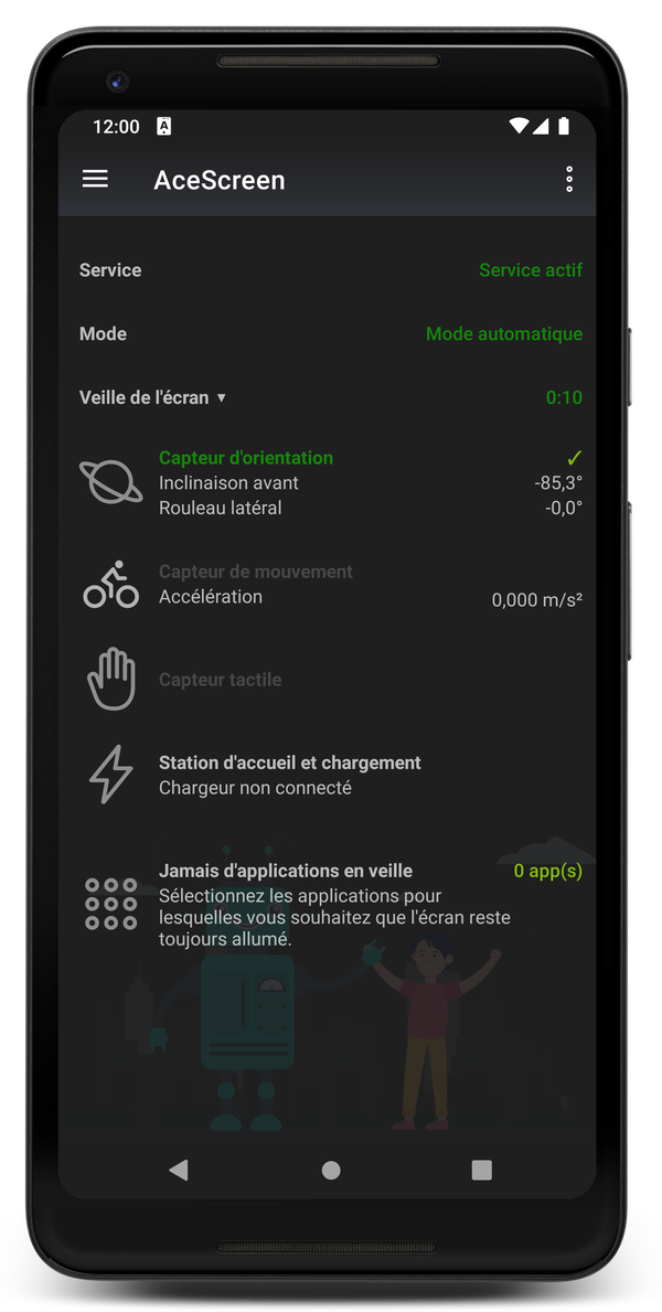 AceScreen: Écran principal de l'application lorsque le mode nuit est activé