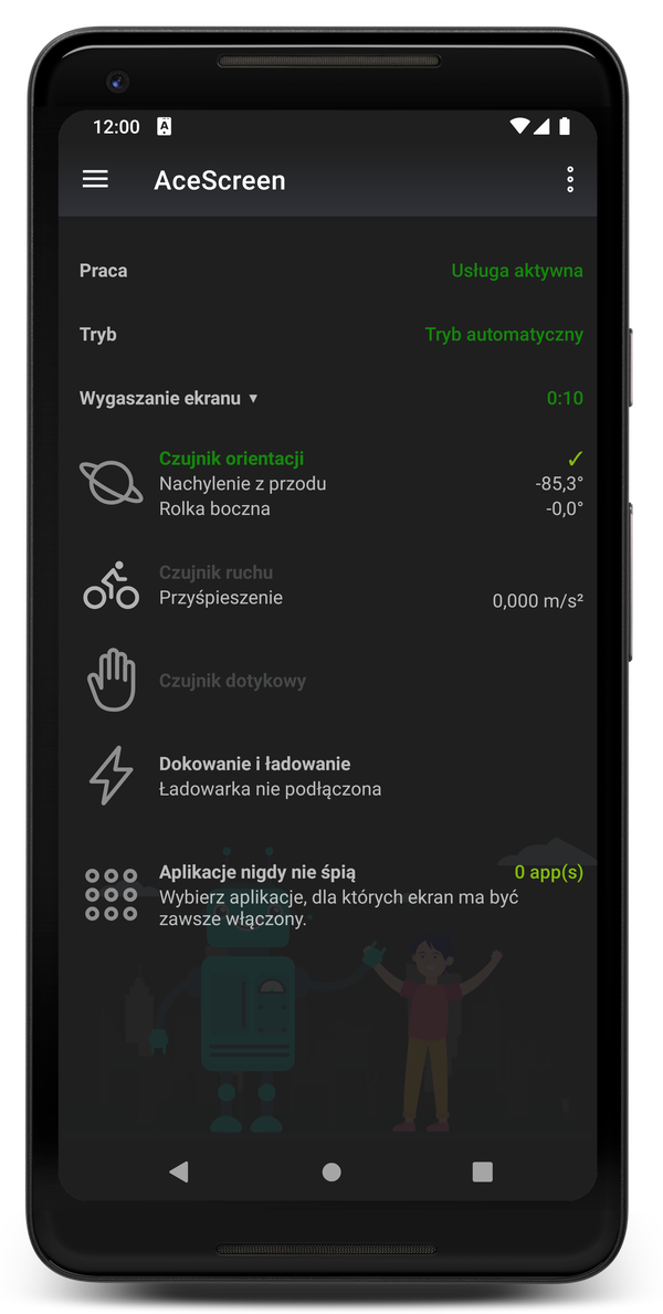 AceScreen: Główny ekran aplikacji, gdy włączony jest tryb nocny