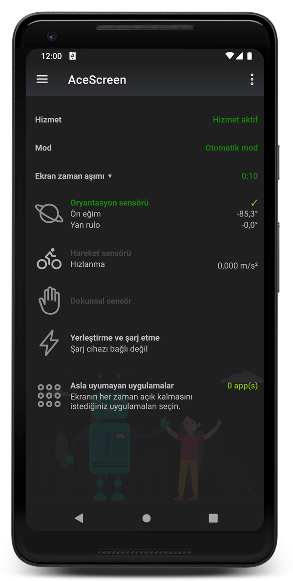 AceScreen: Gece modu açıkken uygulama ana ekranı