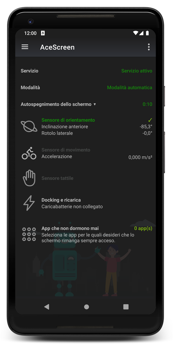 AceScreen: Schermata principale dell'app quando la modalità notturna è attiva