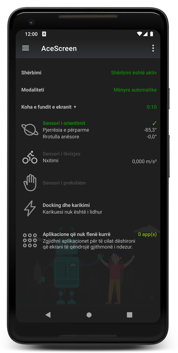 AceScreen: Ekrani kryesor i aplikacionit kur modaliteti i natës është aktiv