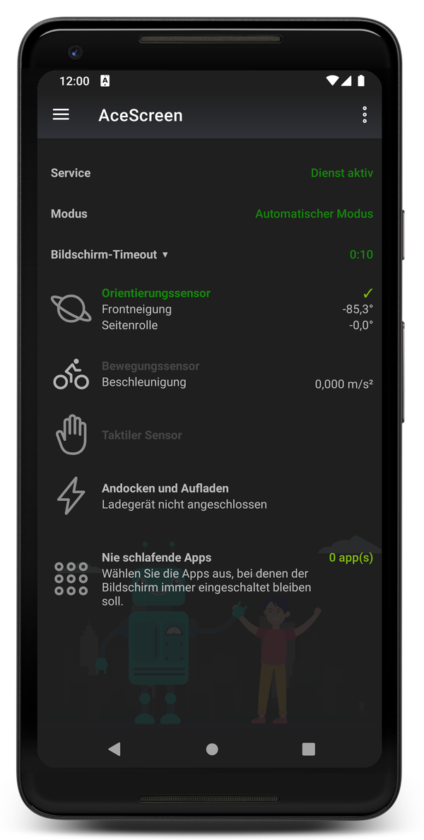 AceScreen: App-Hauptbildschirm bei aktiviertem Nachtmodus