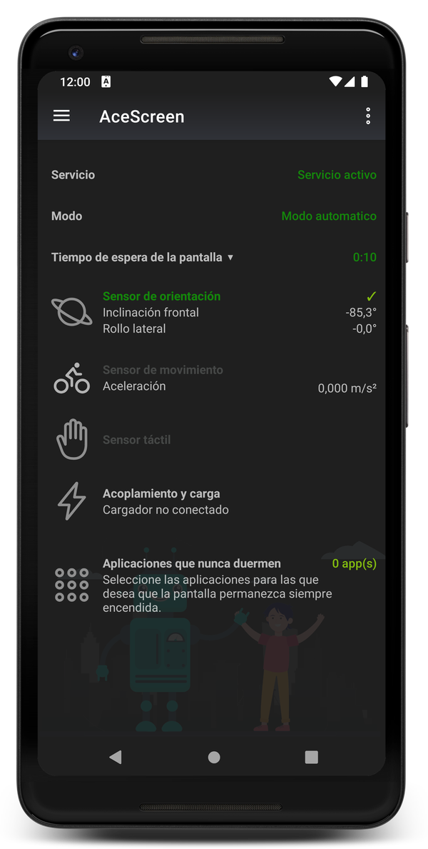 AceScreen: Pantalla principal de la aplicación cuando el modo nocturno está activado
